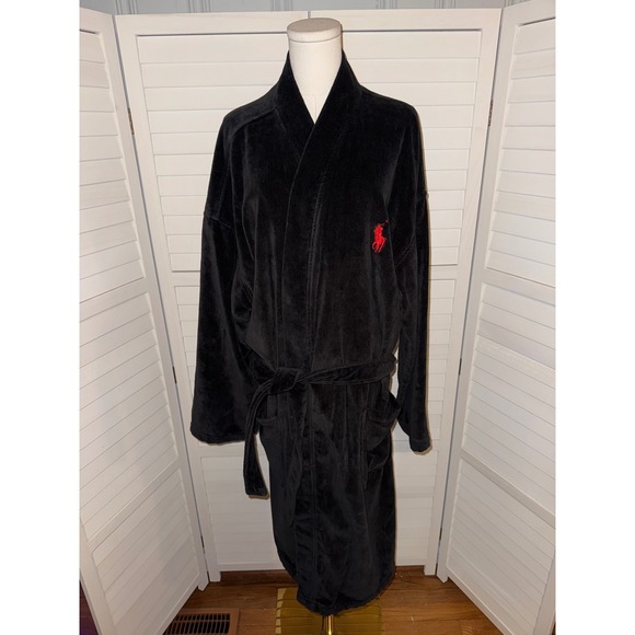 Polo Ralph Lauren Mens Black Velour Robe Wrap Tie Iconic Pony Logo Size L/XL - Picture 2 of 8